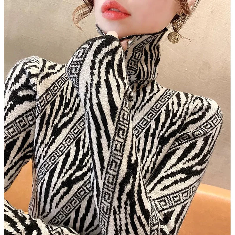 Women Clothing Slim Knitted Sweaeters Elegant Vintage Knitwear Spring Turtleneck Street Fashion Turtleneck Pullover Wool Tops