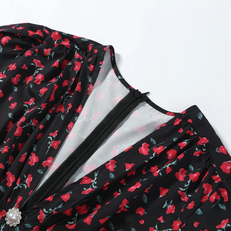 Elegant Women's Floral Printed Dress Slim V Neck Short Sleeve Waist Cinching Long Fishtail Dresses 2026 Summer Lady Party Robes