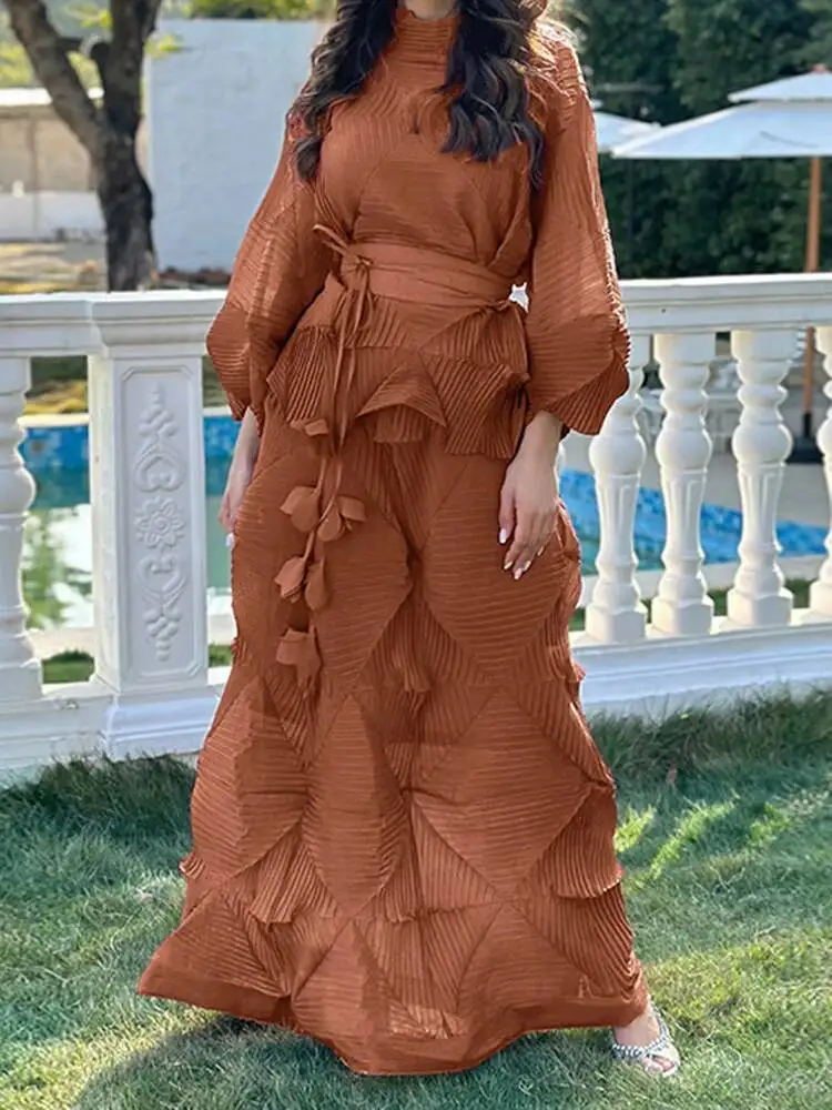 2 Pieces Sets For Women Handmade Pleated Bandage Shirt Top+long Length Fold Skirt Female Luxury Clothing 2KU2V view 4