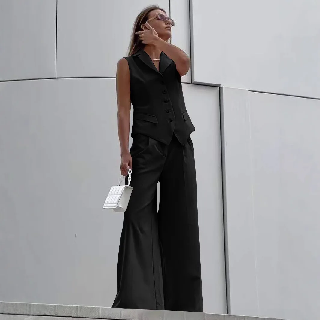 ผู้หญิงสีทึบLapelปุ่มเสื้อกั๊กชุดกางเกงลําลองสําหรับฤดูร้อน 2025