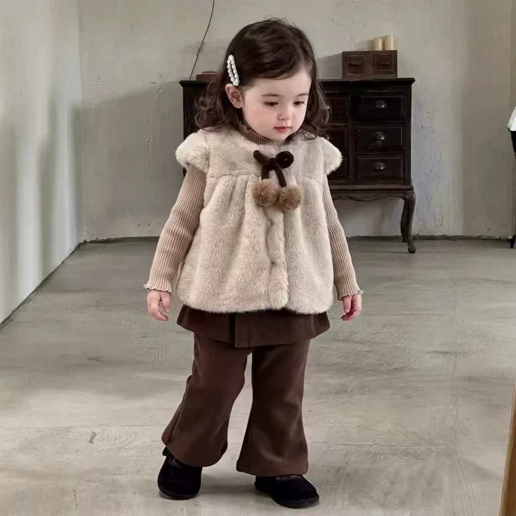 Kids Girls Set Furry Vest White Solid Soft Warm Vest Brown Pants Sweater Leggings 2026 Fall Winter New Clothing