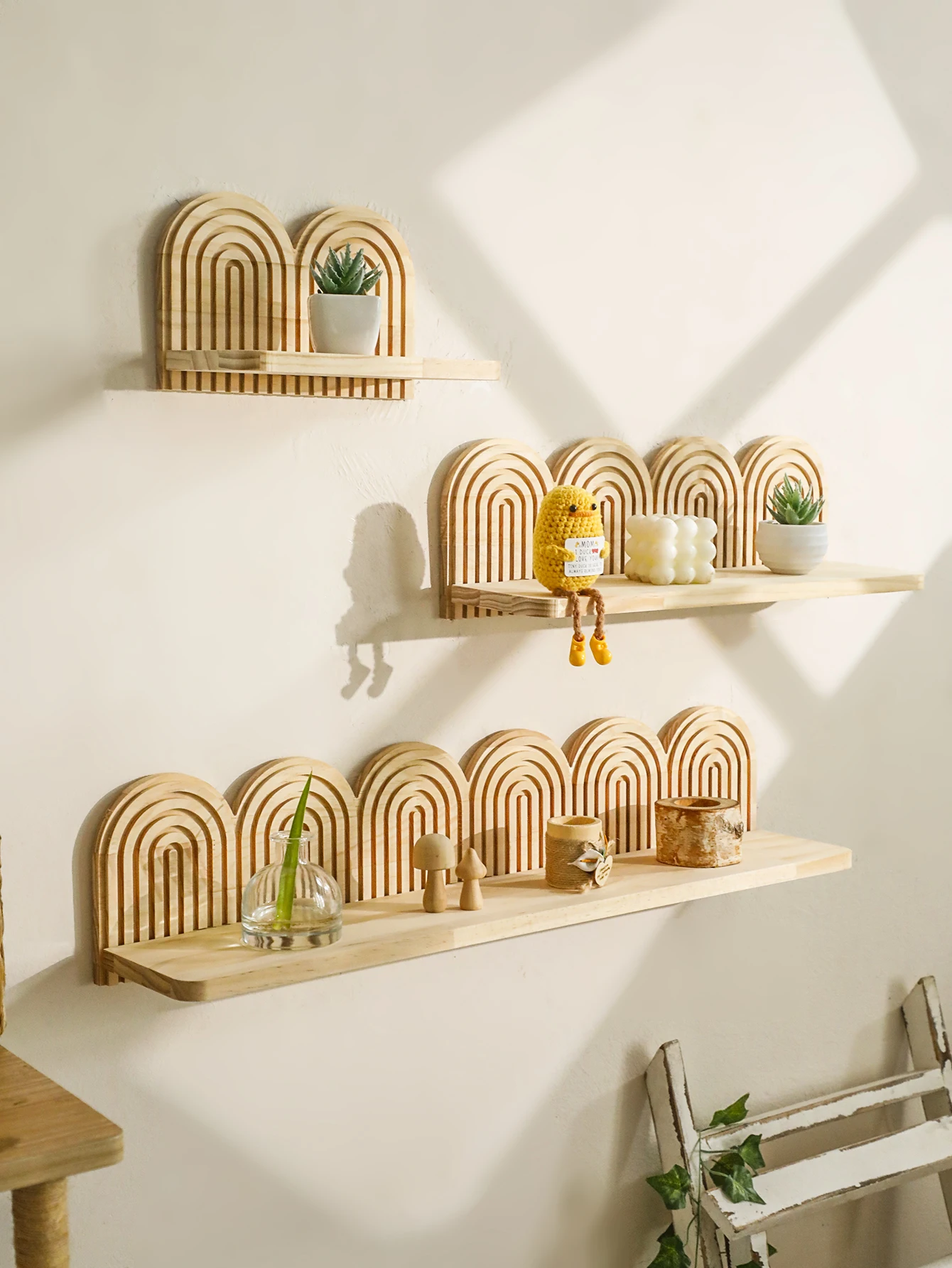 Boho Wooden Arched Wall Shelves Rustic Natural Wood Rainbow Design Floating Shelves Decorative Storage Racks for Home Wall Decor