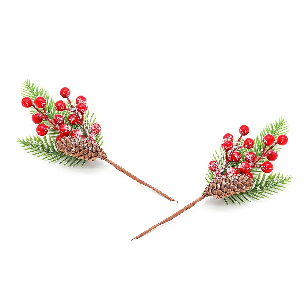 2pcs Artificial Flower Decoration Fake Snow Frost Christmas Tree Pine Branch Cone Berry Holly DIY Ornament Home Decor 24cm