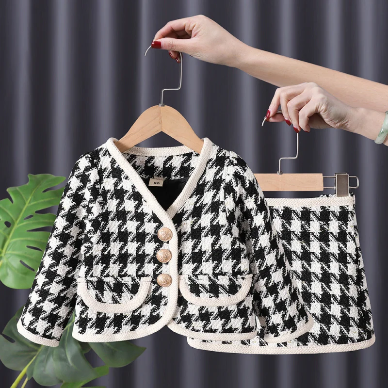 01-Baby Autumn Outfit Girl Set Baby Girl Cardigan Short Skirt Houndstooth Baby Spring Set Fashionable Stylish