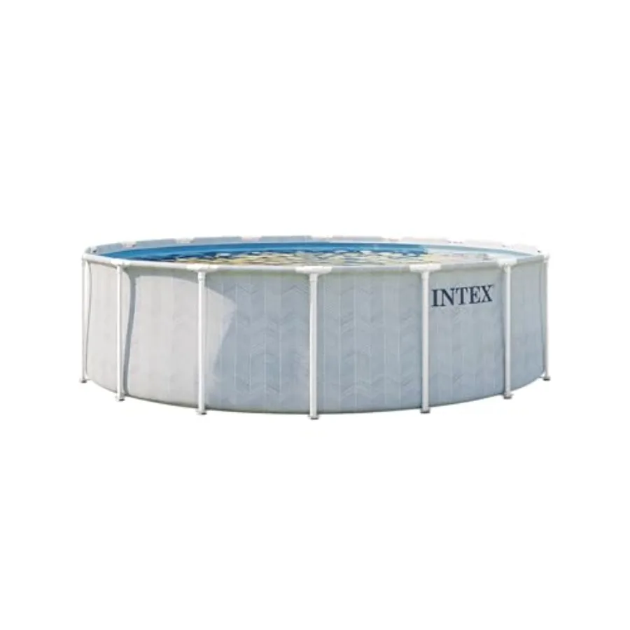 Above ground swimming pool set for backyard use, steel frame with blue finish, chevron prism design, includes 1500 GPH filter p