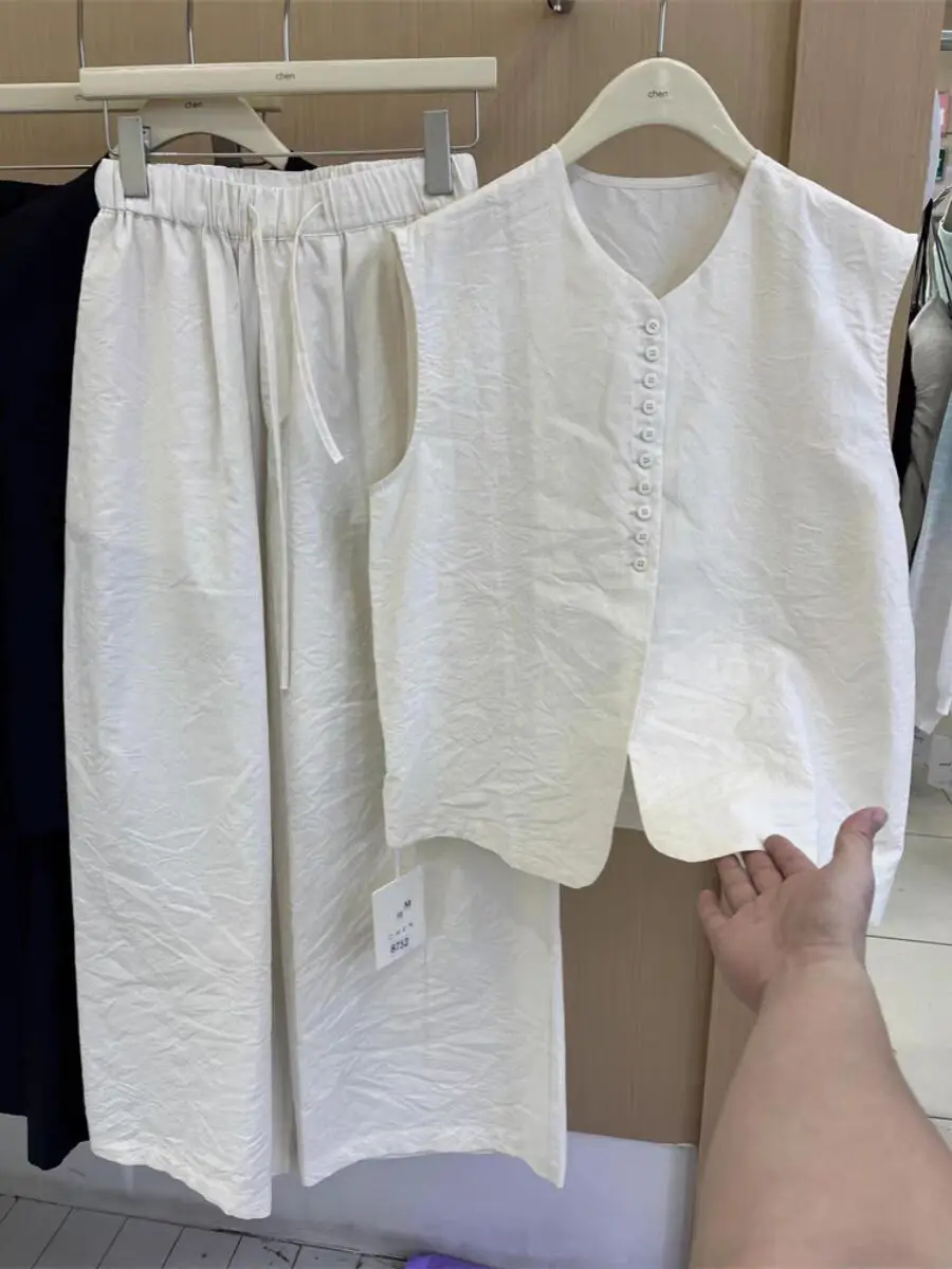 

Solid Vest Women Summer Korean Style Casual Loose Button Design Sleeveless Tanks Clothing Y2k Tops And Pants Two Pieces Set N737