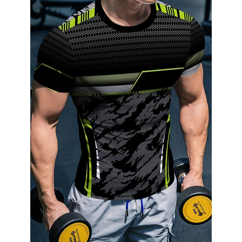 Men's Black Honeycomb Texture Gray Camouflage Fluorescent Green Contrast Stripe Fitted Short Sleeve Sports Shirt High Elasticity