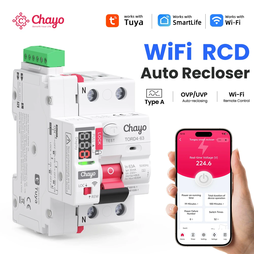 Tuya Wifi Auto Recloser 2P Type A RCD RCCB 6KA 16A 63A 30mA 230V WiFi Smart Circuit Breaker with Over/Under Voltage Protection