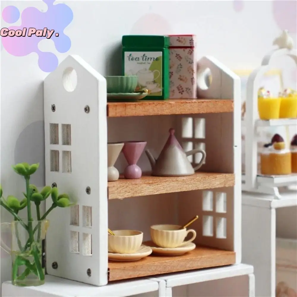 Three-tier Dollhouse Bookshelf Display Stand Bookcase Doll Shelf Model Scene Decor Wooden Miniature Furniture Rack