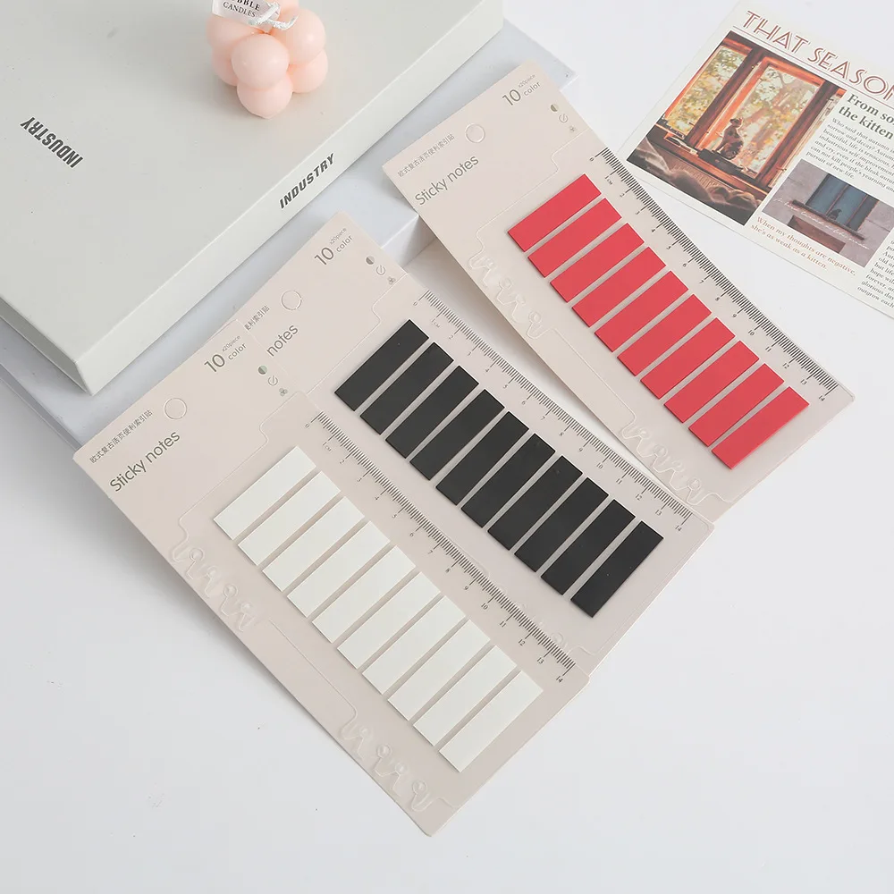 Minimalist PET Index Tabs with Ruler Card, Solid Color Writable Transparent Self-Stick Page Labels for Journal School Office