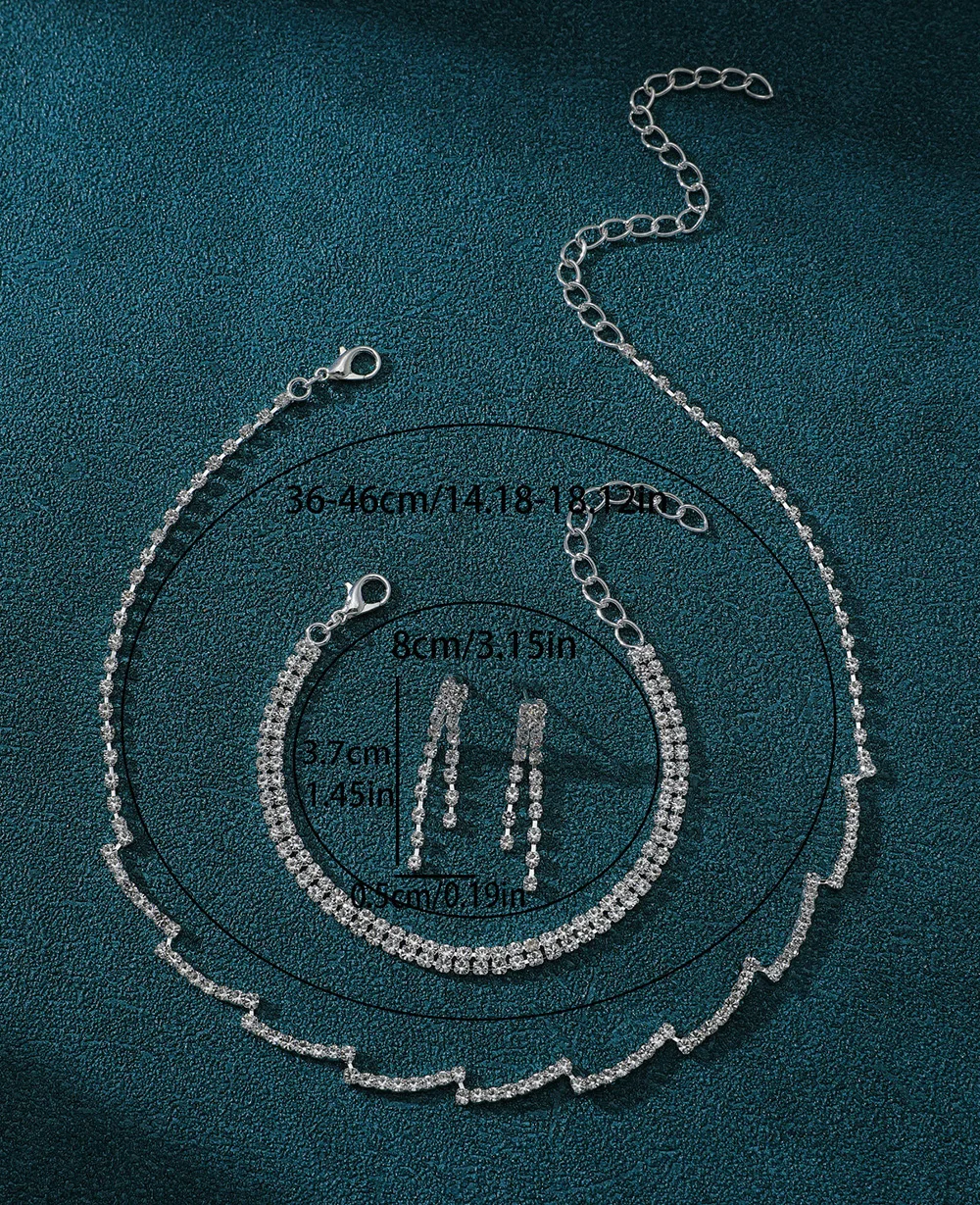 Серебряный свадебный комплект украшений с ожерельем, сережками и браслетом со стразами — коллекция для свадьбы и вечеринок