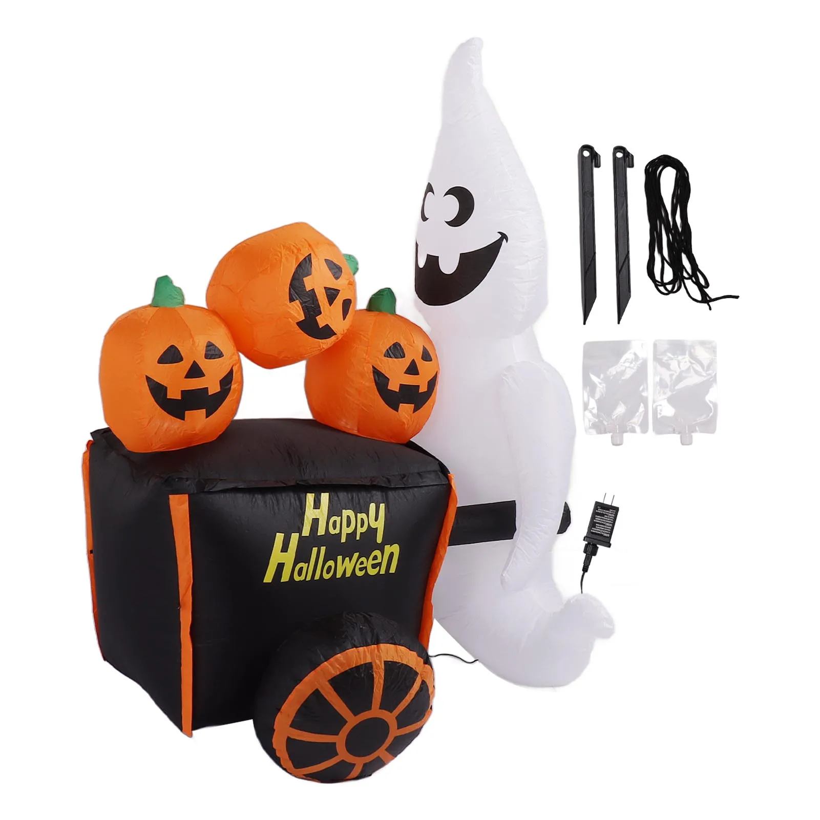 

*6ft Halloween Inflatable Ghost Pushing Pumpkin Cart Decor IP44 with Blower LED Lights Outdoor Inflatable Decoration US Plug 100‑240V
