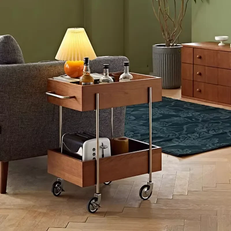 Modern Wooden Sofa Side Table with Wheels Living Room Coffee Table Movable Snack Storage Rack for Home Office Furniture Decor