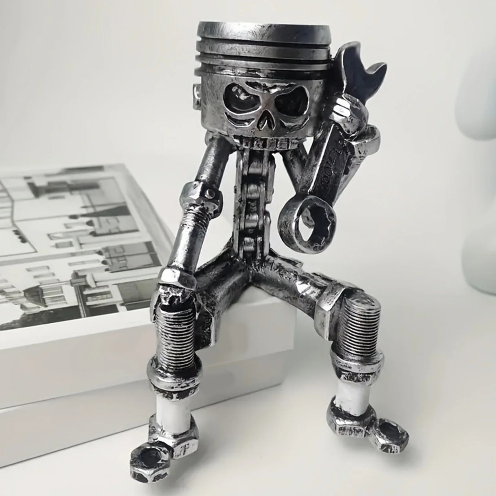 Resin Handmade Art Figurine Waterproof & Drop-Resistant Wrench Gear Skull Human Crafts Compact for Office Home Table Decoration