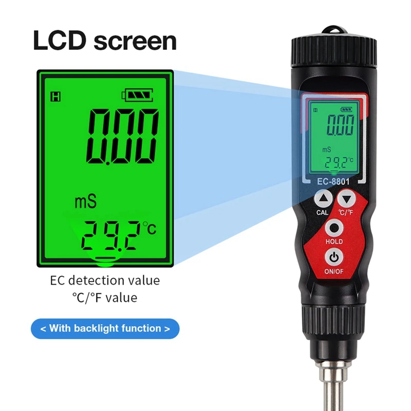 Rilevatore di terreno EC Tester di temperatura del terreno digitale EC Misuratore di conducibilità elettrica del terreno per piante in vaso da giardino