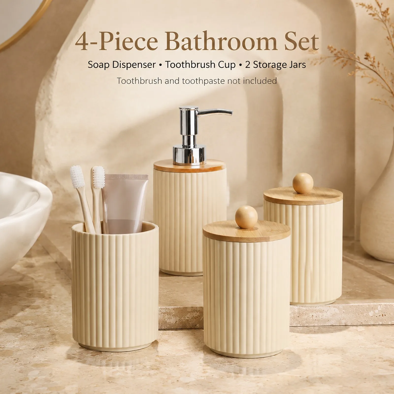 4 Piece Beige Bathroom Accessories Set - Ribbed Soap Dispenser Toothbrush Holder 2 Apothecary Jars with Lids for Cotton Balls