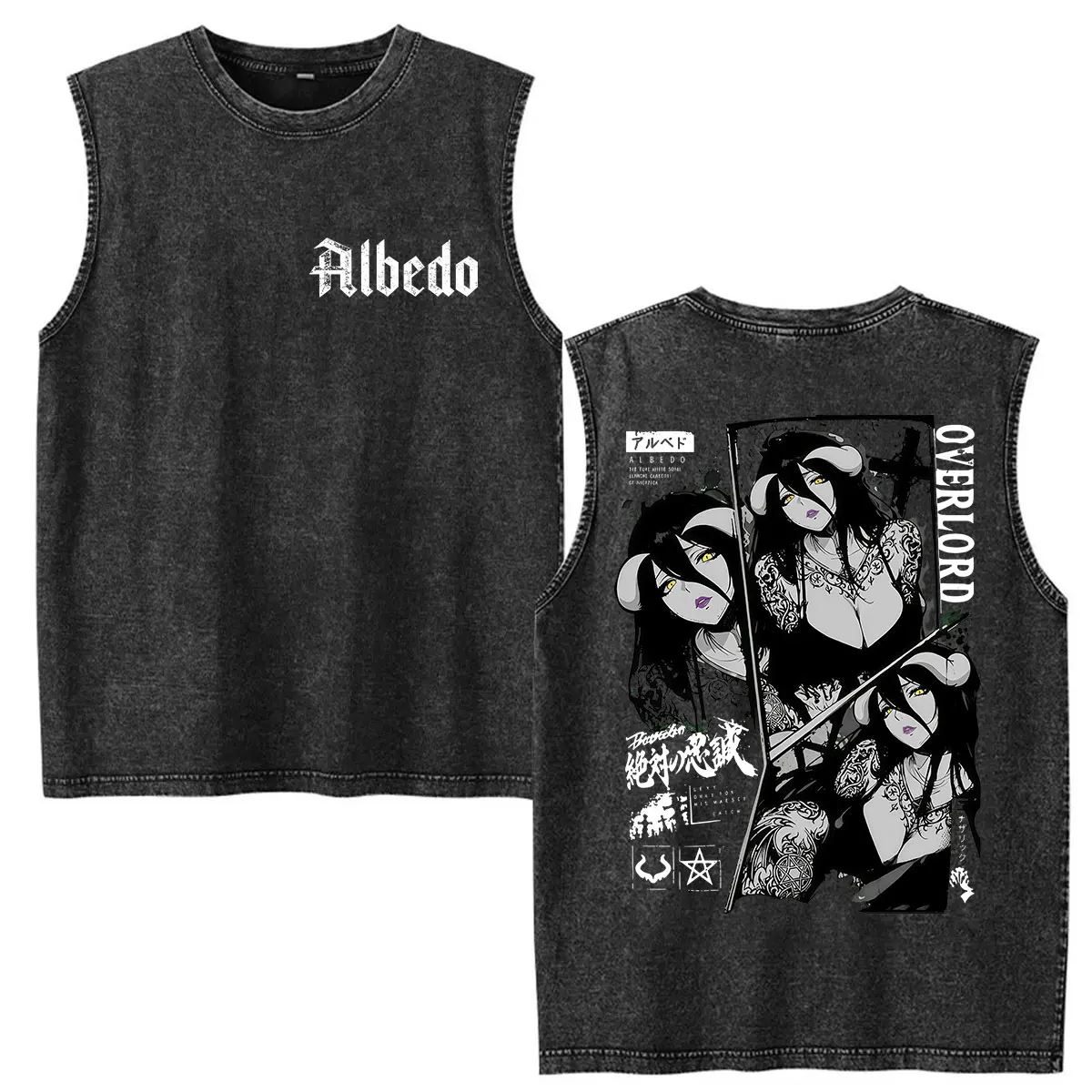 Vintage Washed Ves Anime Overlord Albedo T Shirt Men Women Manga Clothing Fashion Short Sleeve T-shirt Tank Top 100% Cotton Tees