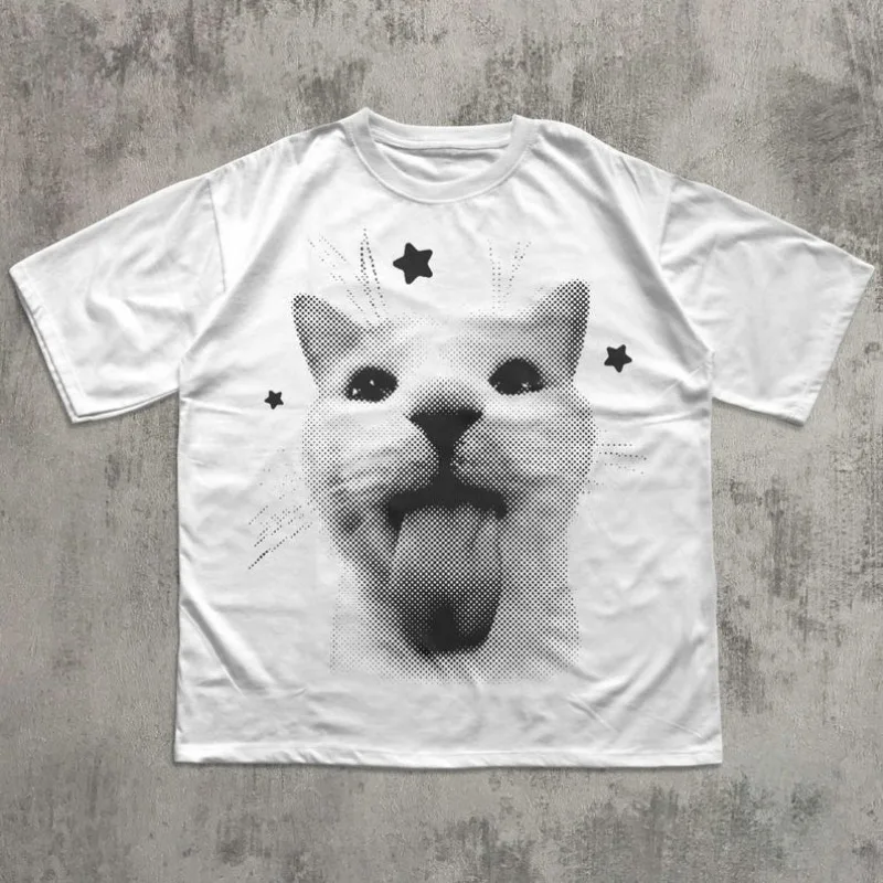 面白いY2K風の面白い猫プリントコットンTシャツ、90年代レトロ子猫ヴィンテージグラフィックTシャツ、猫好きへのギフト、ミームTシャツ、男女兼用トップス