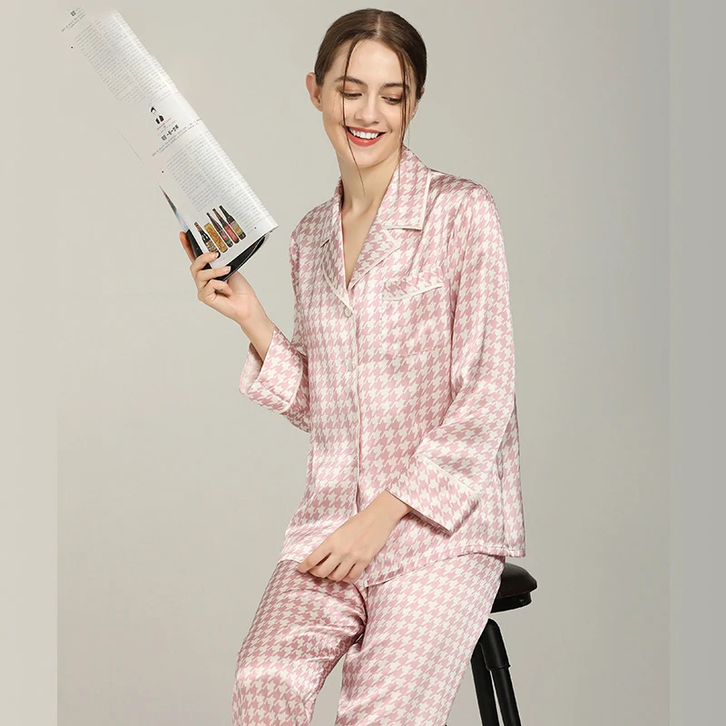 Winsleter, 19MM 100%Real Silk Elegant Pajama Set, Women Houndstooth Print , Fashion Casual Soft Homewear, Autumn Winter S40816CC