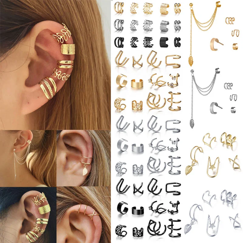 

7PCS Clip On Ear Cuff Earrings Leaves Fake Cartilage Earrings Lot Non Piercing Clip On Earrings Set Earrings Women Jewelry Gift