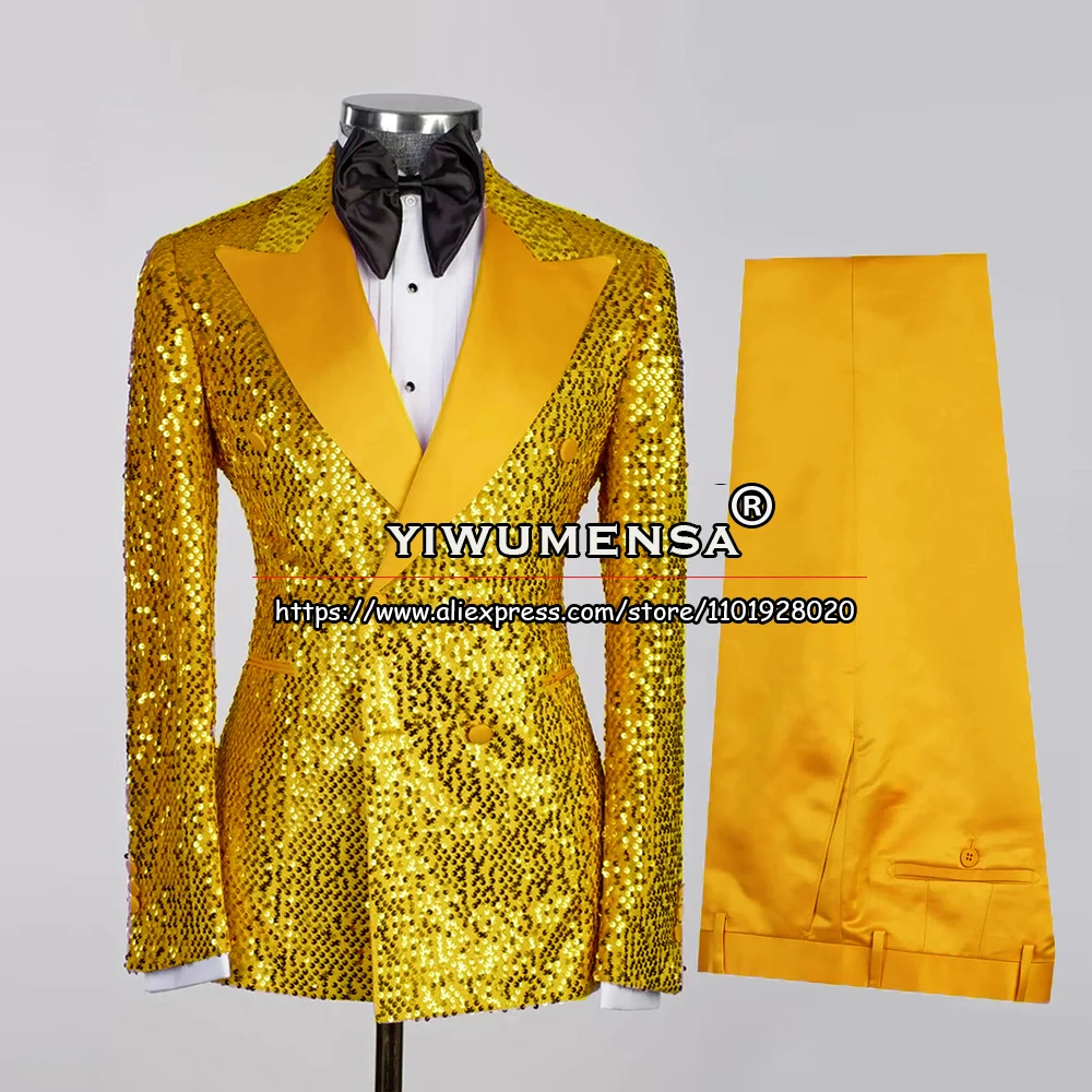 

Male Gold Wedding Suits Men Formal Party Luxury Sparkly Sequined Blazer Double Breasted Jacket Pants 2 Pieces Groomsman Clothing