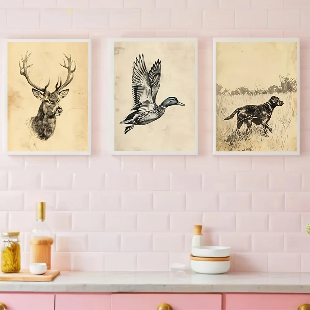 （NoFranme 3PCS）-2D Flat, 2D Flat, Set of 3 Unframed Vintage Wall Art Prints Featuring Hunting Animals, Perfect for Rustic Cab