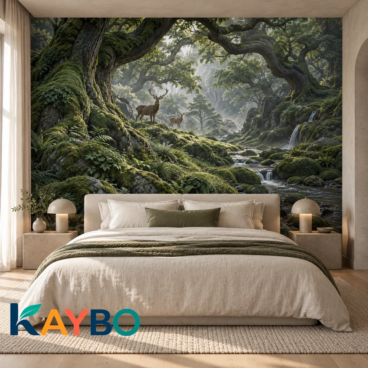 Forest Wall Mural Enchanted Woodland Deer Waterfall Landscape Wallpaper Non Self Adhesive Living Room Bedroom Natural Wall Decor
