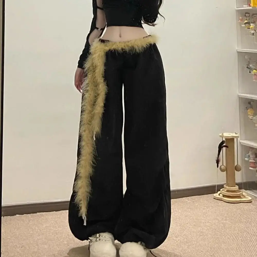 แฟชั่น Y2k ยาวเข็มขัดขนสัตว์ Punk Hiphop ขนสัตว์เข็มขัดเอว Street Dance Fluffy กางเกงยีนส์เข็มขัดตกแต่ง
