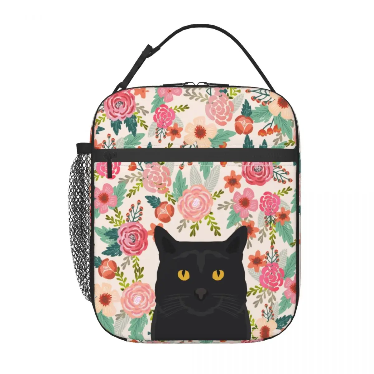 Raça Gato Preto Padrão Floral Lancheira Fundo Impermeável Pet Gatinho Refrigerador Térmico Comida Isolado Lunch Bag Escola Estudante