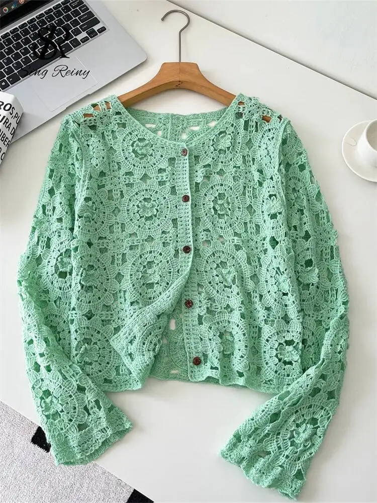 Fashion Hollow Out Beach Top Women O Neck Long Sleeves Bohemian Loose Cardigans Korean Style Hotsweet Vacation Blouse