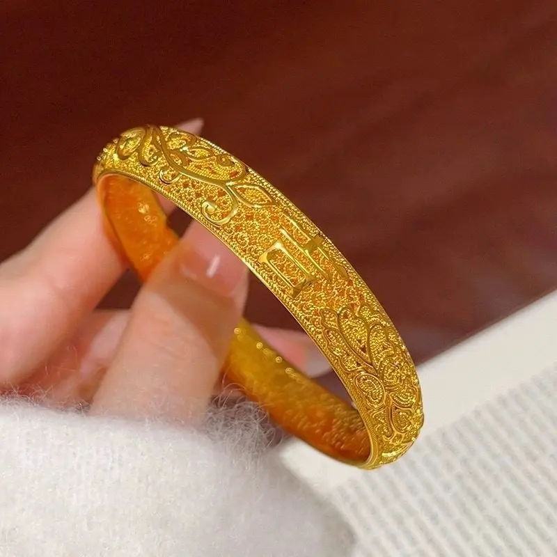 Pure Gold Delicate Hollow Filigree Phoenix Tail Bangle For Women 24K Gold AU999, warm luster & superior texture