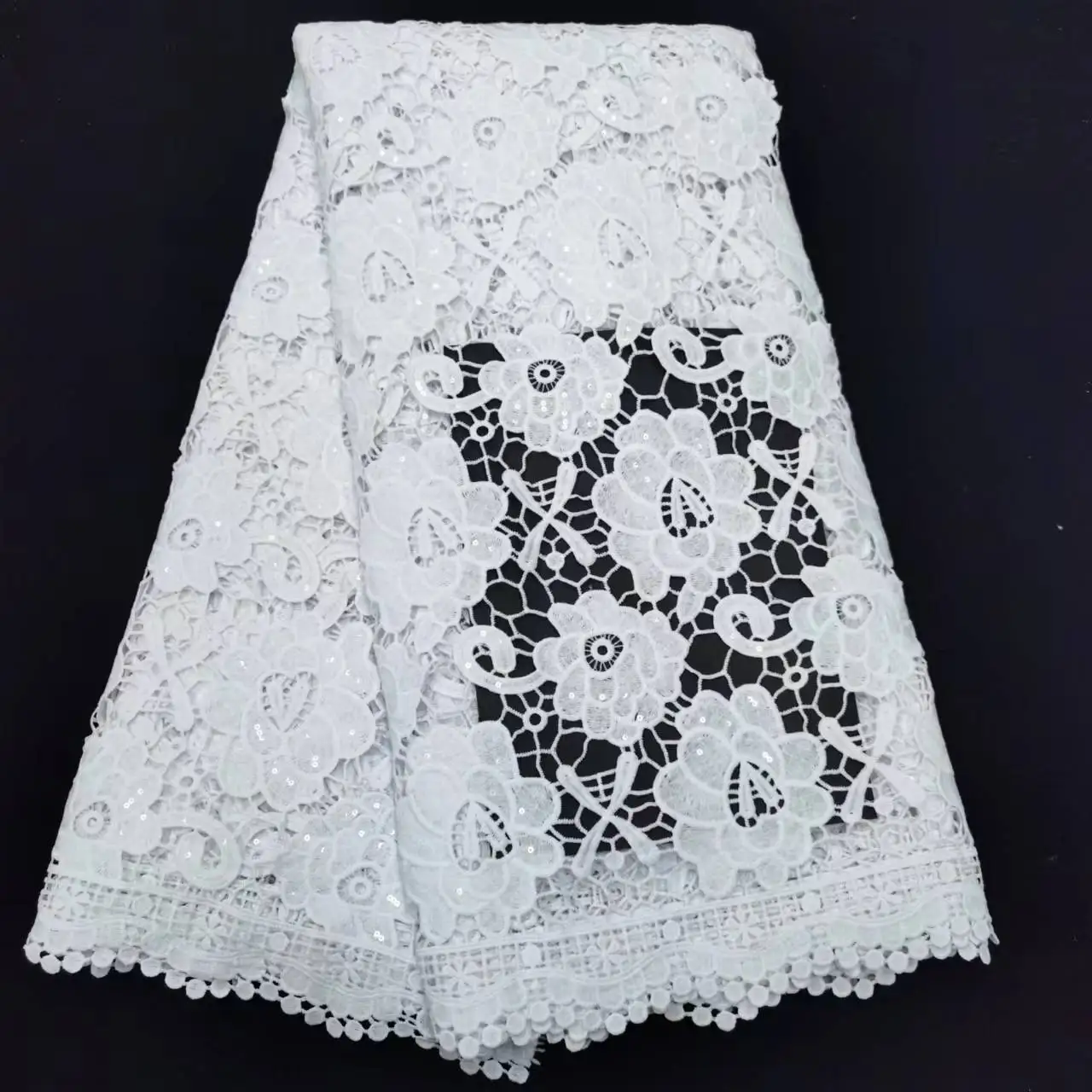 Pure White African Guipure Cord Sequins Lace Fabric Embroidery Nigerian Water Soluble Fabric Stones For Dress