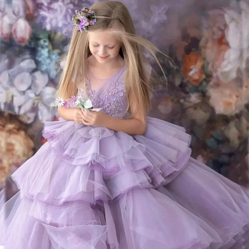 

Baby Girls Very Elegant Party Ball Gown Toddler Girls Puffy Lush Cocktail Banquet Prom Dress Long Tutu Princess Dresses Purple