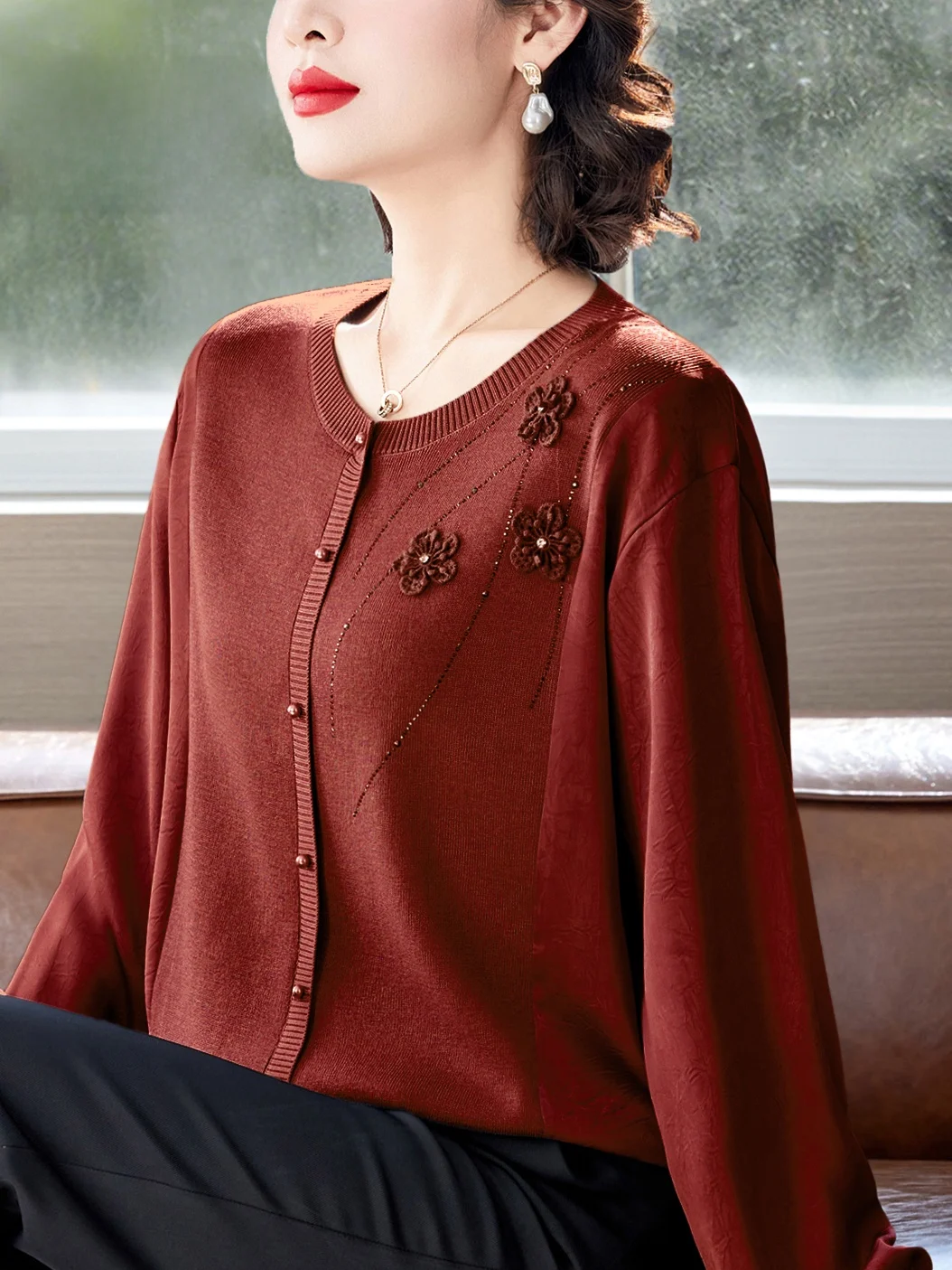 

Sli Knitted Open Cardigan for Women Embroidered Flower Loose Fit mid Older Age Spring Faion Casual Top T irt