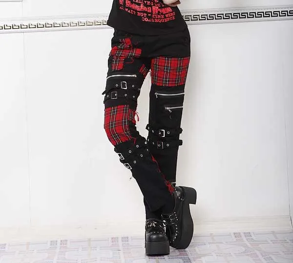 

27-40 Size Japanese Korean Nightclub Strap Zipper Men's Patch Fitting Trousers Loose Plaid Pants Singer Hair Stylist Stage Wear