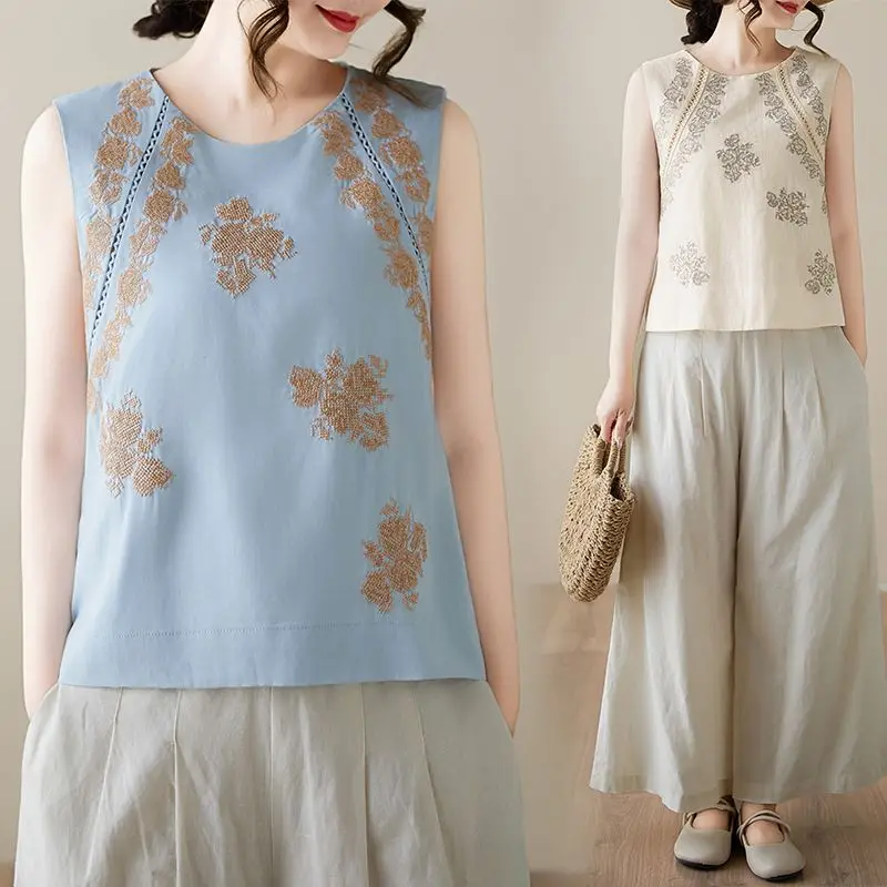 

Loose Women's round Neck Embroidered Sleeveless Base Shirt Lazy Style Large Size Spring Summer New Vintage T-shirt Commute Style