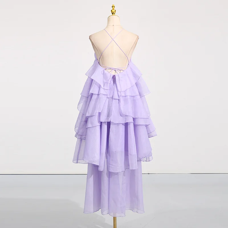 2025 verão novo vestido feminino moda pendurado pescoço sem mangas design multi camada plissado borda cinta vestido longo