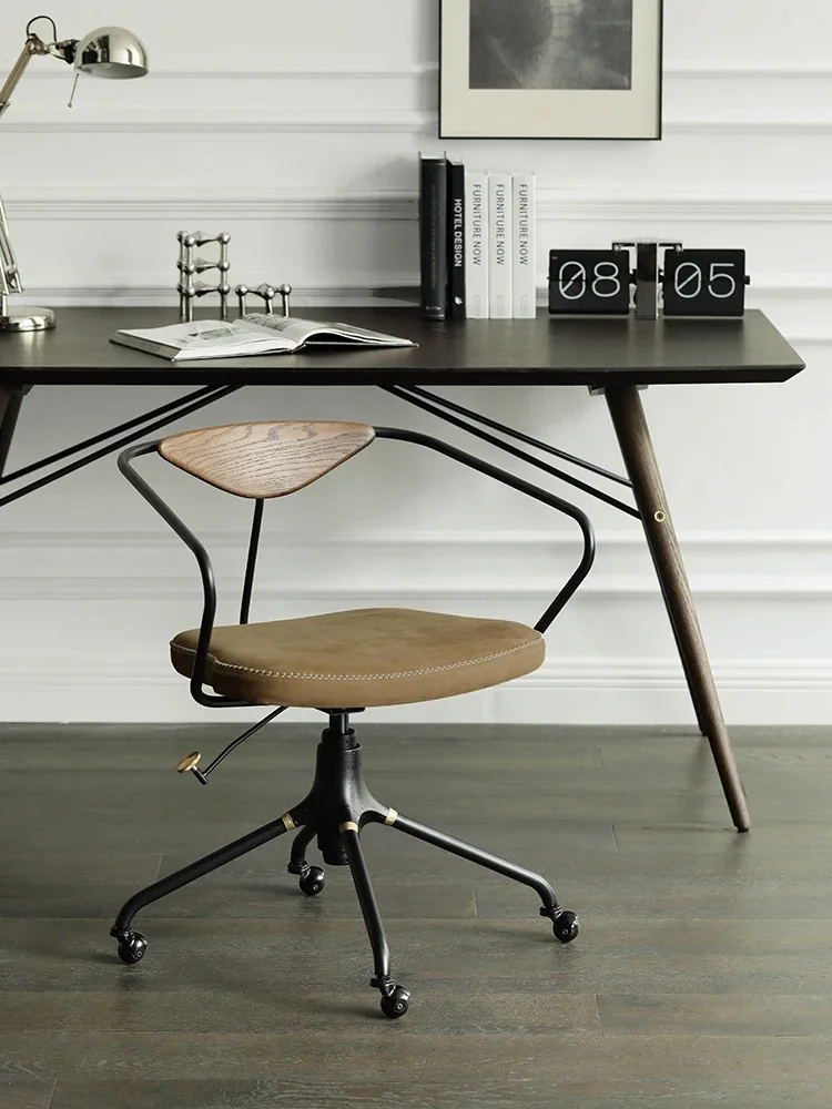 Medieval style computer chair, North American oak backrest industrial style retro wrought iron leather office lift swivel chair