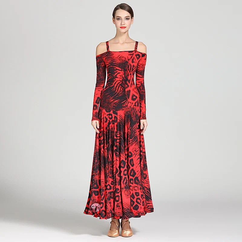 Dance Dresses Standard Competition Dresses Leopard Print Long Dress Red Practice Dancewear Yellow Spaghetti Straps Printed Blue