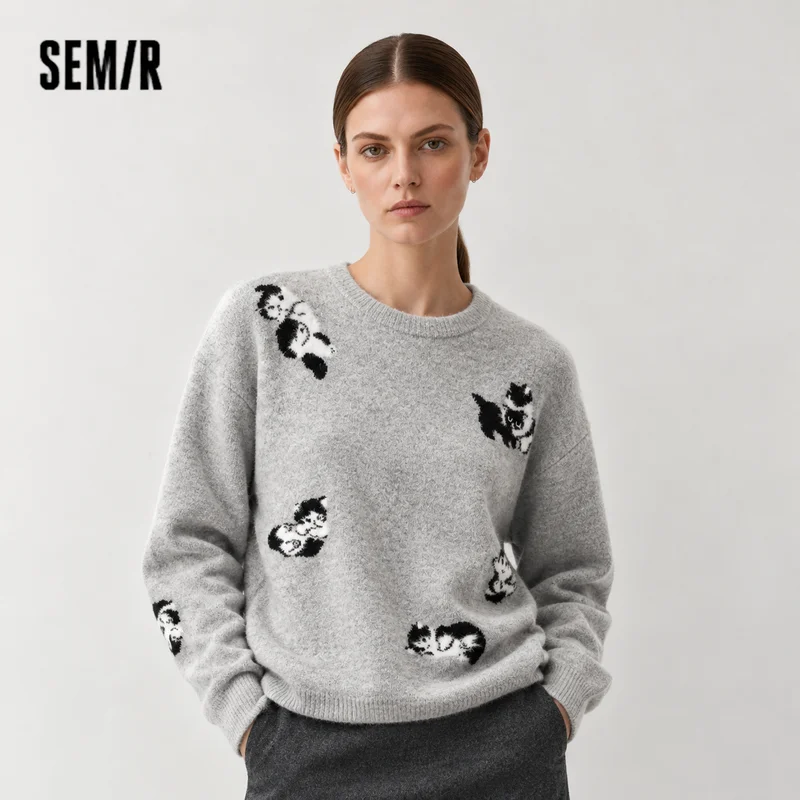 Semir Women Sweater Cat Graphic Drop Shoulder Petite Fit 2026 Winter Warm Knit Everyday Style Soft Touch Layering Wear