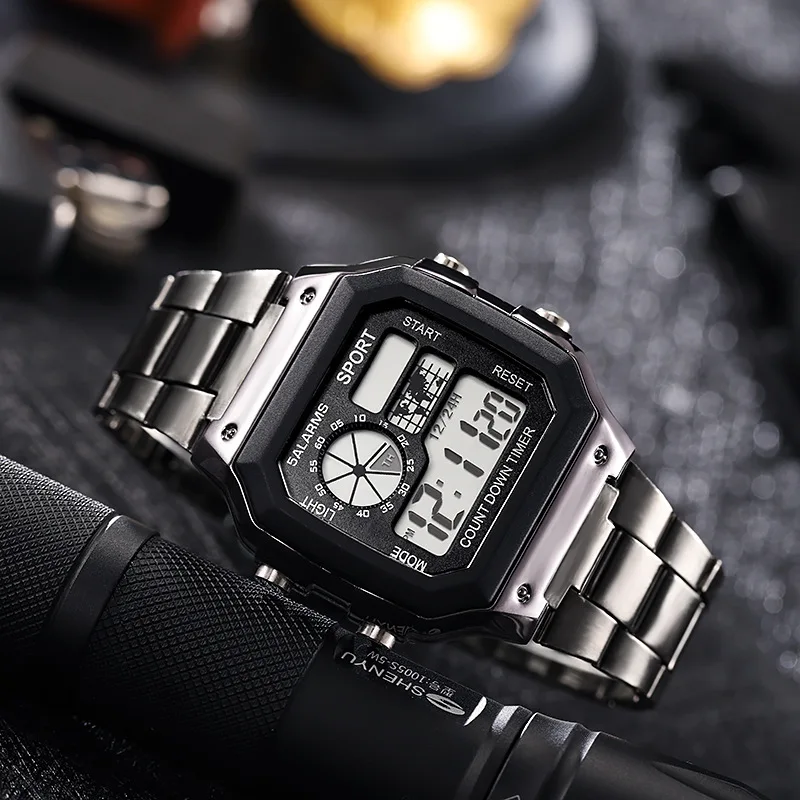 MAYZHISU Luxury Digital Watch for Men Stainless Steel Strap Military Sport LED Wristwatch
