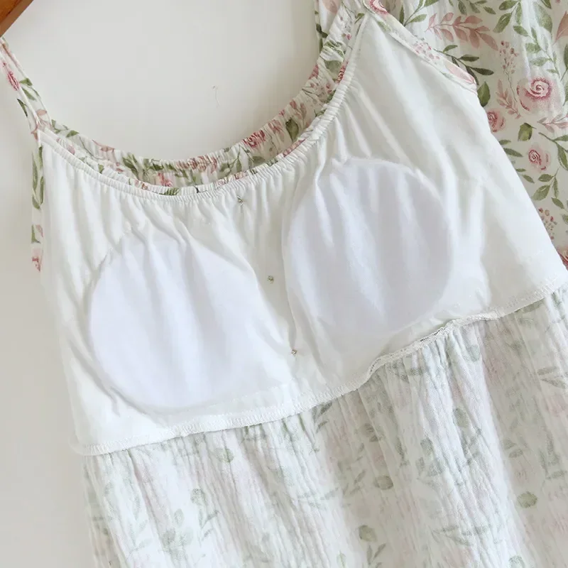 Cool Clothes Home Sleepwear Women Summer Sling Pajamas Floral Chest With Pad Cotton Printing Dress Nightgown Feeling For