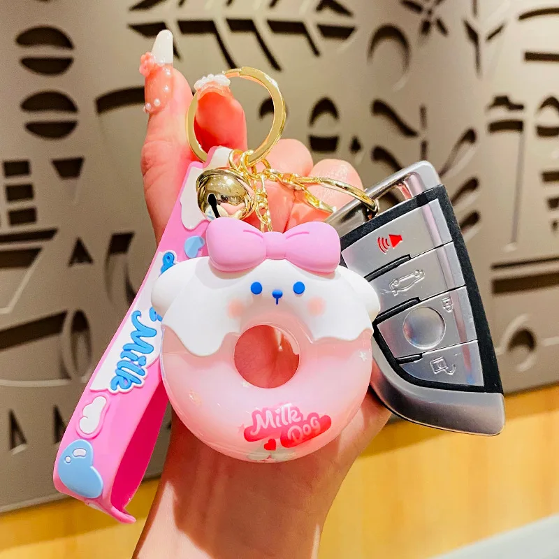 Cute Donut Float Bottle Liquid Keychain Cartoon Milk Dog Bow Head Key Ring Pendant Gift for Women Couple Key Chain Jewelry Gifts