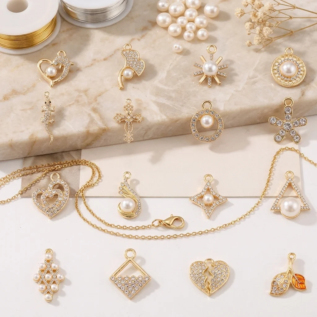 15Pcs Rhinestone Pearl Charms Pendant Gold Color Heart Cross Flower Pendant for DIY Bracelet Necklace Jewelry Making Finding Sup