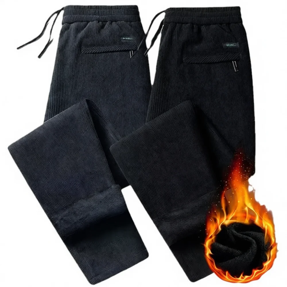 Winter Thermal Corduroy Trousers Mens Fleece Lined Pants Casual Loose Straight Fit Business Slacks Soft Comfortable