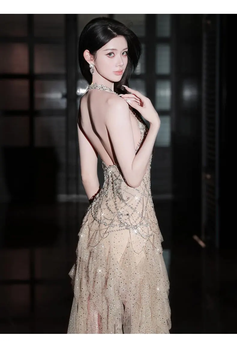 ชุดเดรสปาร์ตี้ L&P DQL สไตล์เซ็กซี่ สีแชมเปญ ผ้าทูลล์ประดับเลื่อมและลูกปัด ชุดราตรีงานเลี้ยง