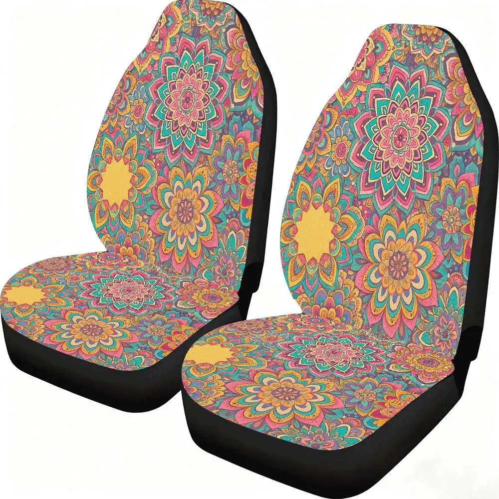 2pcs Colorful Mandala Floral Pattern Car Seat Covers Suitable For Front Seats, High Back Design, Material, Suitable For Cars, SU
