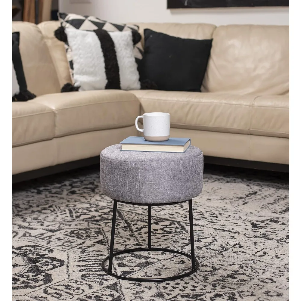 مسند للقدمين من الكتان - كرسي منجد بأرجل معدنية سوداء - مقعد دائري مبطن ناعم لغرفة المعيشة