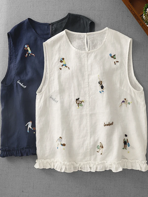 Retro Embroidered Abstract Pattern Svel irt Large Size Women's Casual Linen Vest Summer Faionable Versatile Commute...