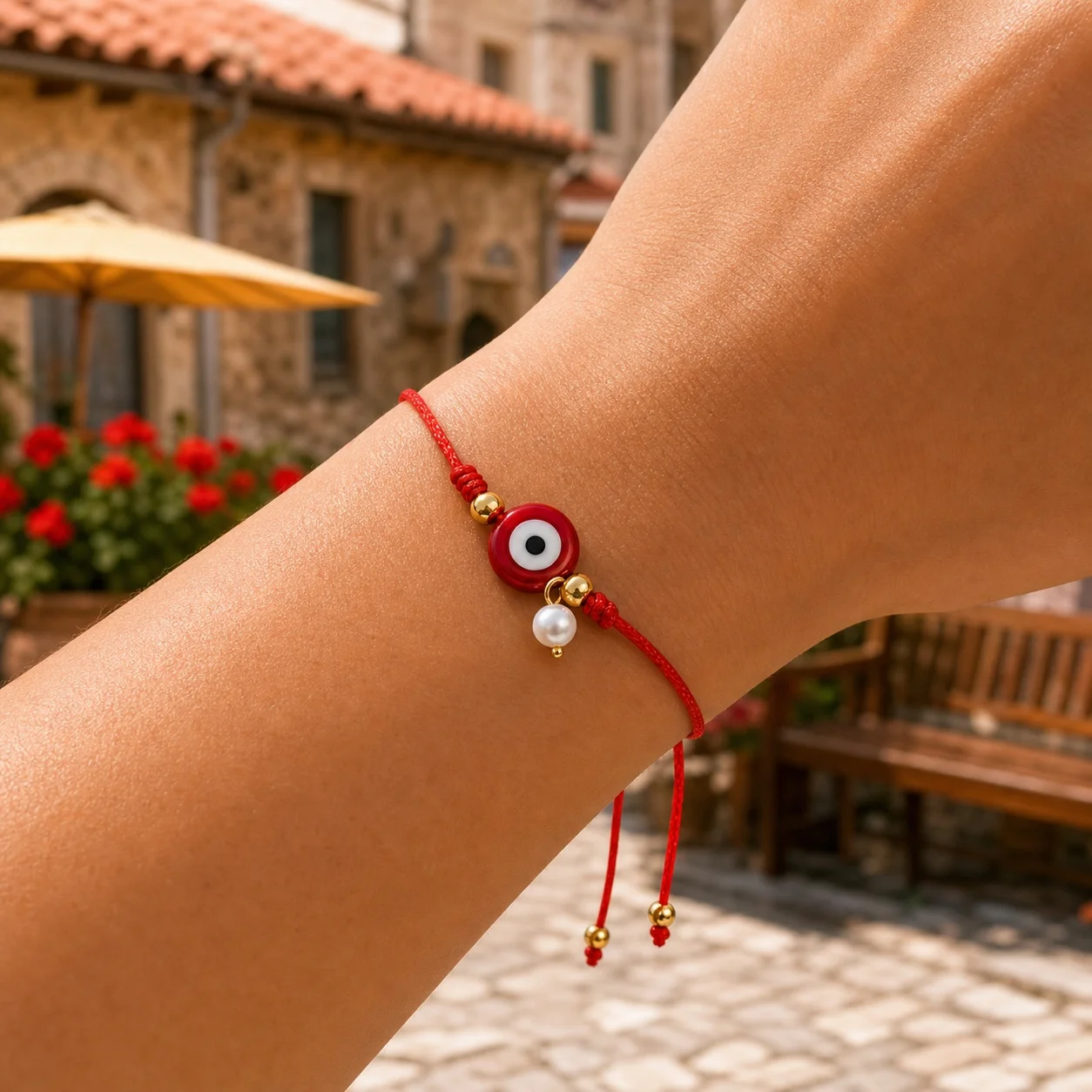 1pc Red Cord Evil Eye Bracelet with Round Resin Charm and White Bead Dangle Copper Beads Trendy Tie Closure for Women